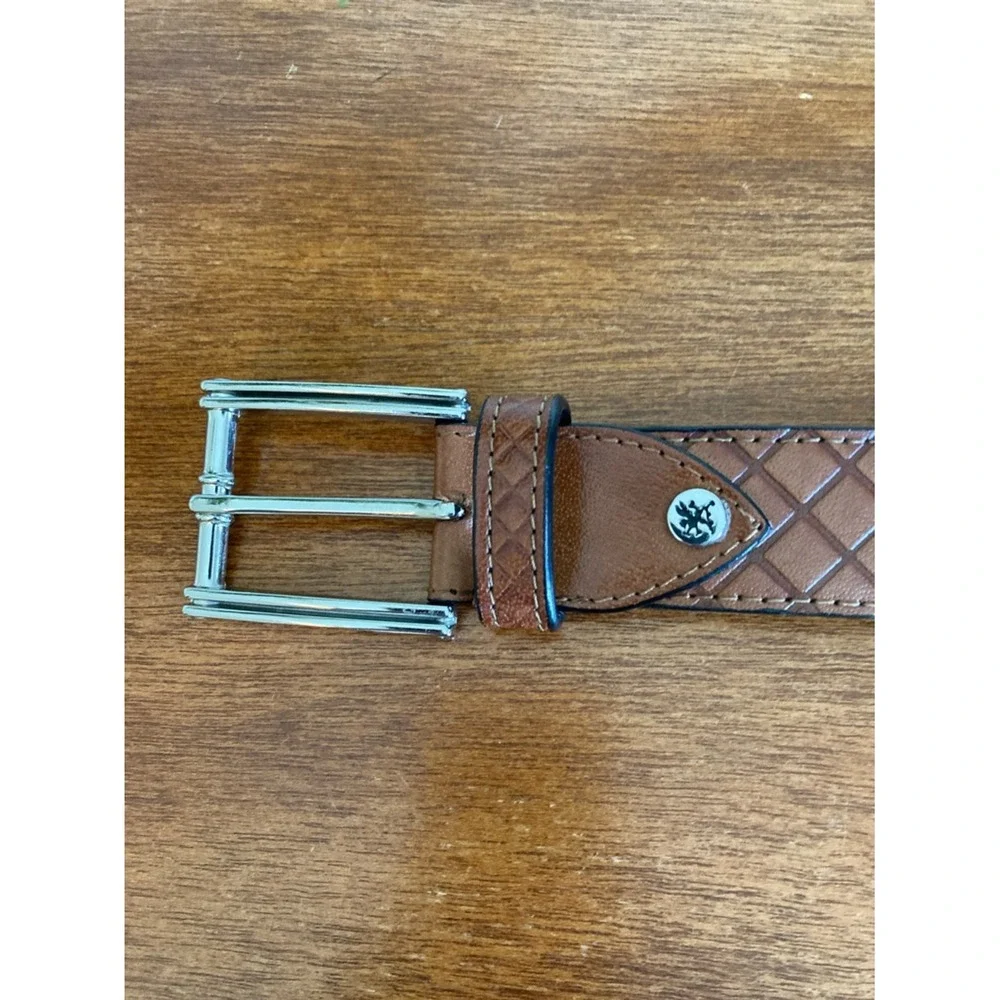 Stacy Adams Men's S 44 Tan Leather Webster Diamond‎ Embossed Belt Silver Buckle